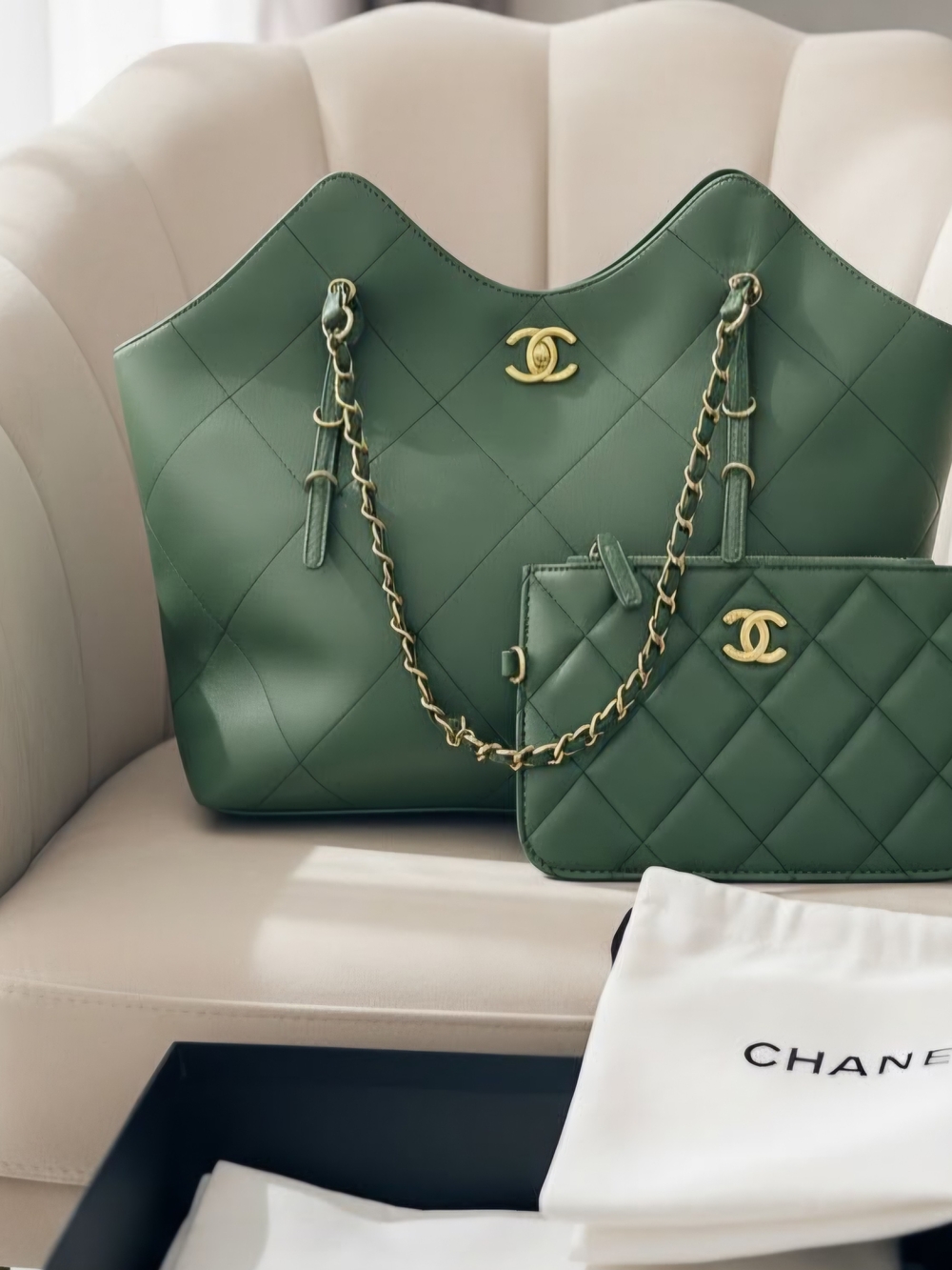 High Green Quilted Leather Tote with Gold Chain and Matching Pouch